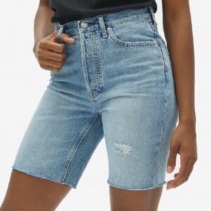 NWOT Everlane Cheeky High Rise Button Fly Distressed Long Denim Shorts Womens 28